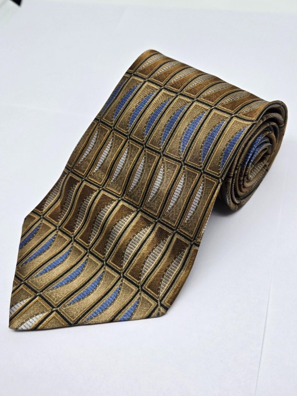 Vintage 1980s Alfani Polyester Geometric Mens Tie, Gold, Blue